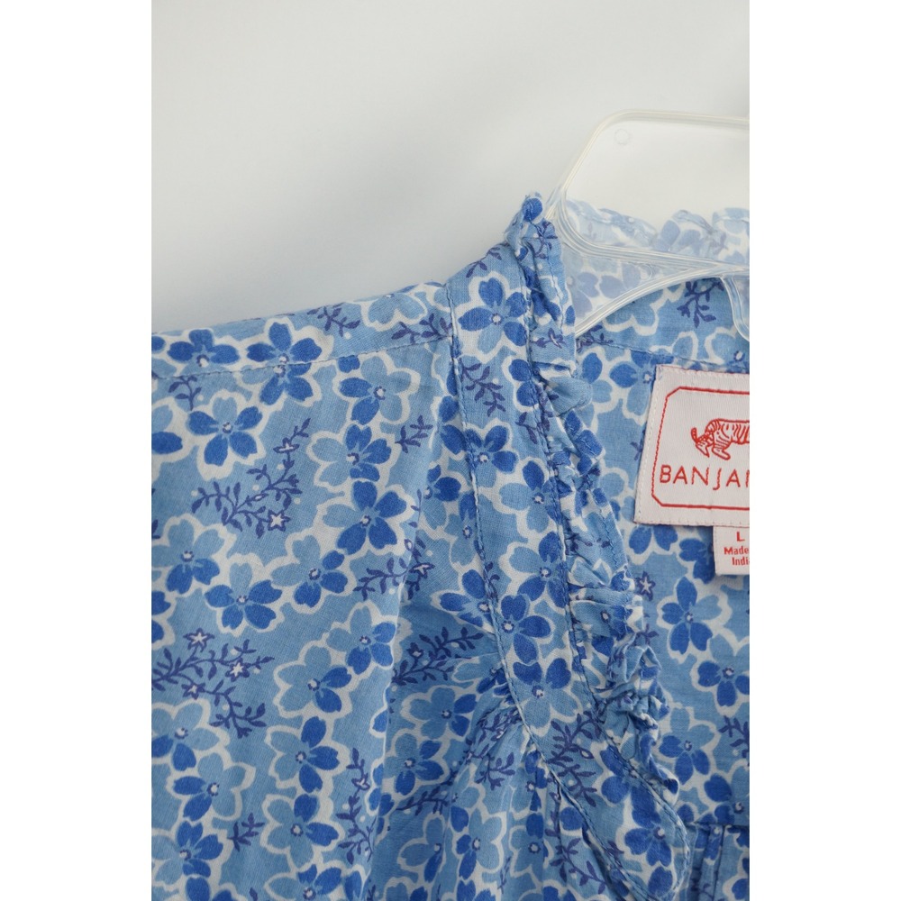 Banjanan Floral Blouse L Blue Cotton Ruffle Neck Short Sleeve Excellent - Picture 5 of 7